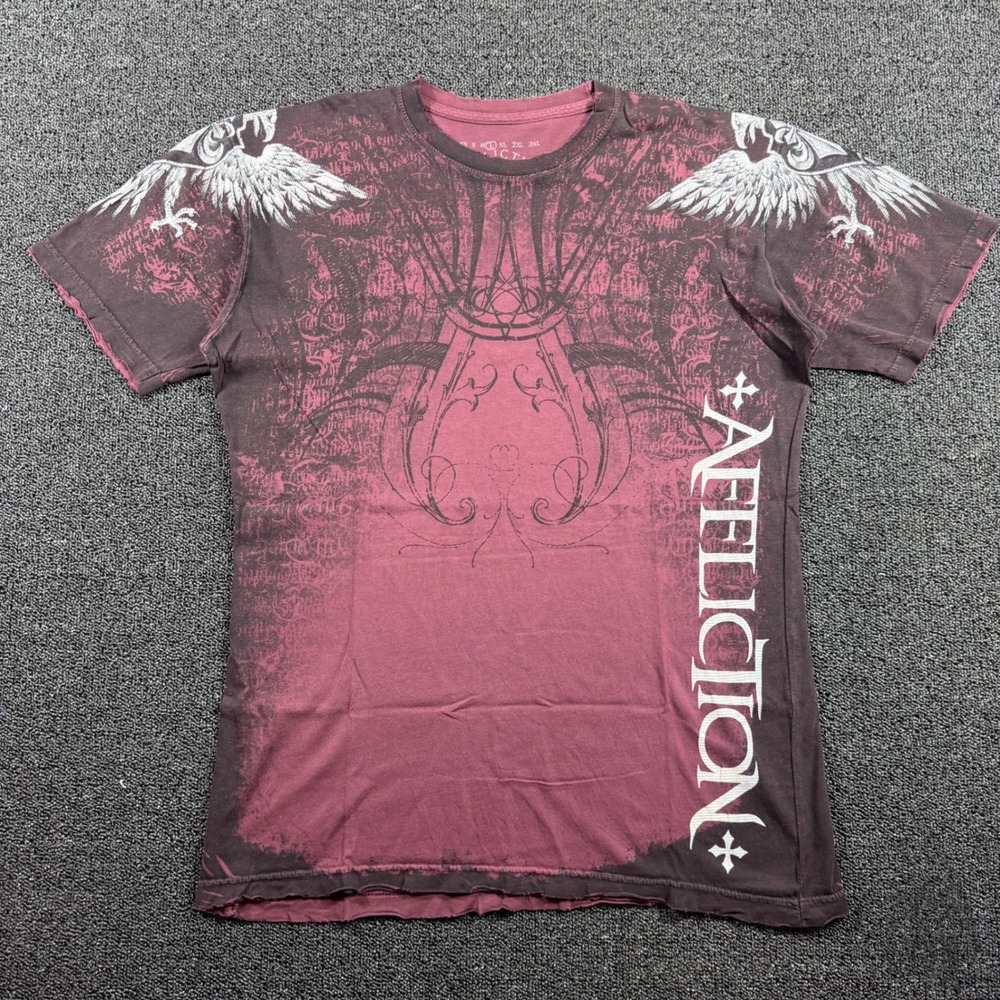 Affliction Live Fast Graphic Tee Men's Large Burgundy Black Eagle Wings Y2K MMA